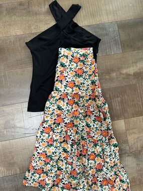Outfit: Black Cross-Strap Top with Floral high low Skirt